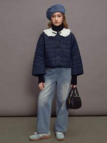 Sparklyn Deep Blue Girls' Padded Coat, Featuring A Fashionable Diamond QuiltingCraftsmanship, Paired With A Cute Ruffled Collar Design, Which Is Warm And Full OfChildlike Fun. Moderate Thickness And Down-Filled Material Make It An Ideal Choice For Girls' Daily Wear Or School Life In Autumn And Winter Seasons. - Blue - View 3