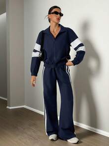 SHEIN Tall 新款休闲运动街头立领拉链长袖露肩外套+直筒阔腿裤玫紫色配白黑织带女两件套A - 藏蓝色 - 查看 3