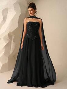 Coutiva Elegant Sequin Embellished Long Sleeve Dress, High-End Formal Gown For Banquet - Black - View 1