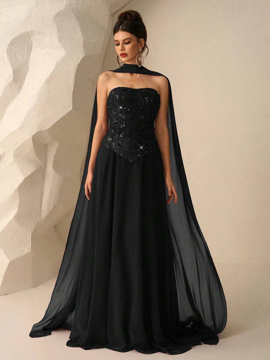 Coutiva Elegant Sequin Embellished Long Sleeve Dress, High-End Formal Gown For Banquet - Black - View 1