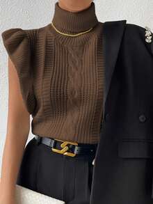 RosyDaze Women's Solid Color High Neck Cap Sleeve Ruffle Hem Fashionable Knit Sweater Vest - Coffee Brown - View 3