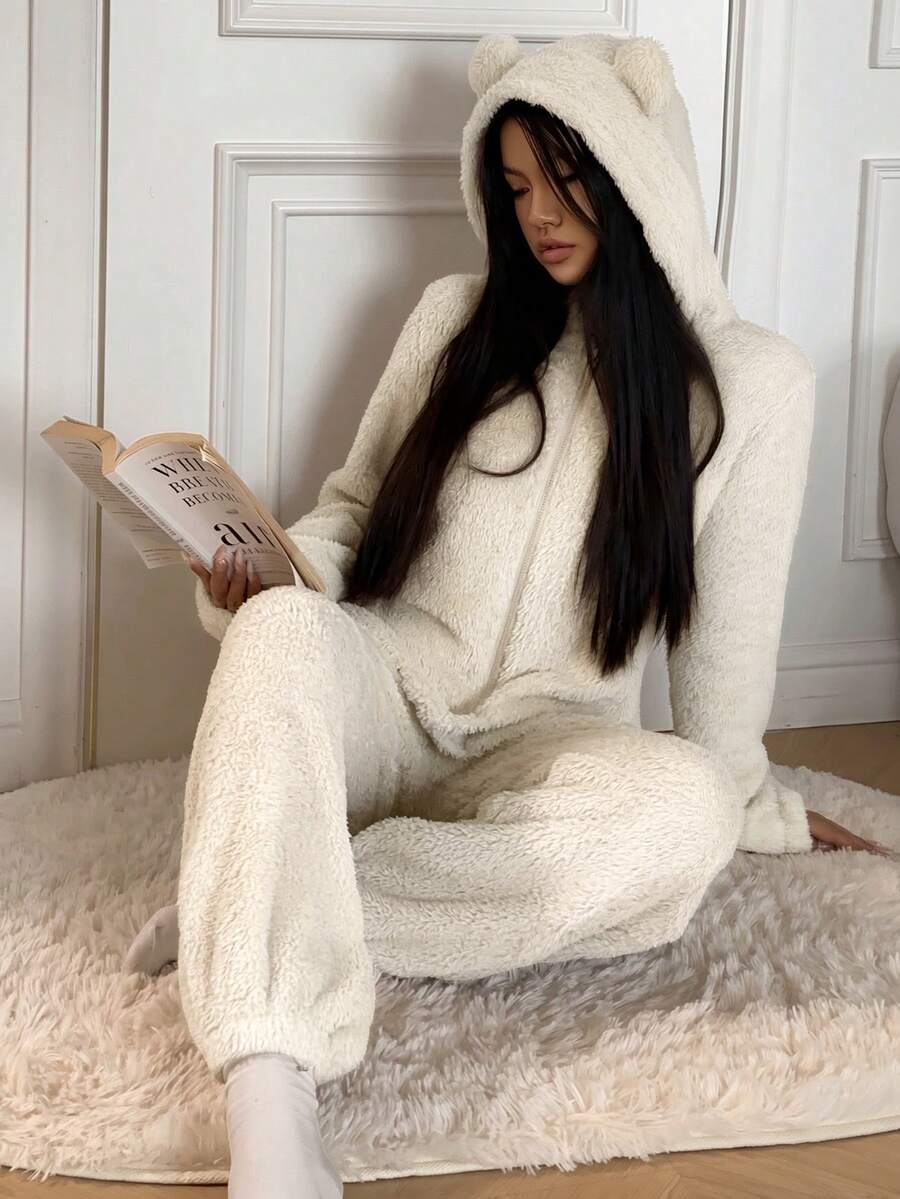 SHEIN EZwear 女士新款纯色长袖拉链连帽毛绒连体衣 - 米色 - 查看 1