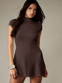 MISSGUIDED Crew Neck Mini Knit Dress Ribbed Texture Short Sleeve Casual Bodycon Fall Winter Sweater Dress - Chocolate Brown - View 5