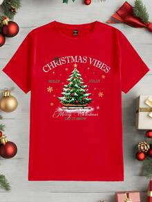 Manfinity Homme Weihnachts-Schneeflocken & Weihnachtsbaum Grafik "Fröhliche Weihnachten" Slogan modischer Lässig Muster Herren Standard Passform Kurzarm T-Shirt, warme Familien-Atmosphäre passend für Eltern-Kind/Paar