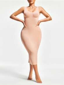 SHAPORA Damen enganliegendes langärmeliges Bodycon Kleid mit Rundhalsausschnitt in Unifarben, ärmelos - Aprikosenfarben - Übersicht 1