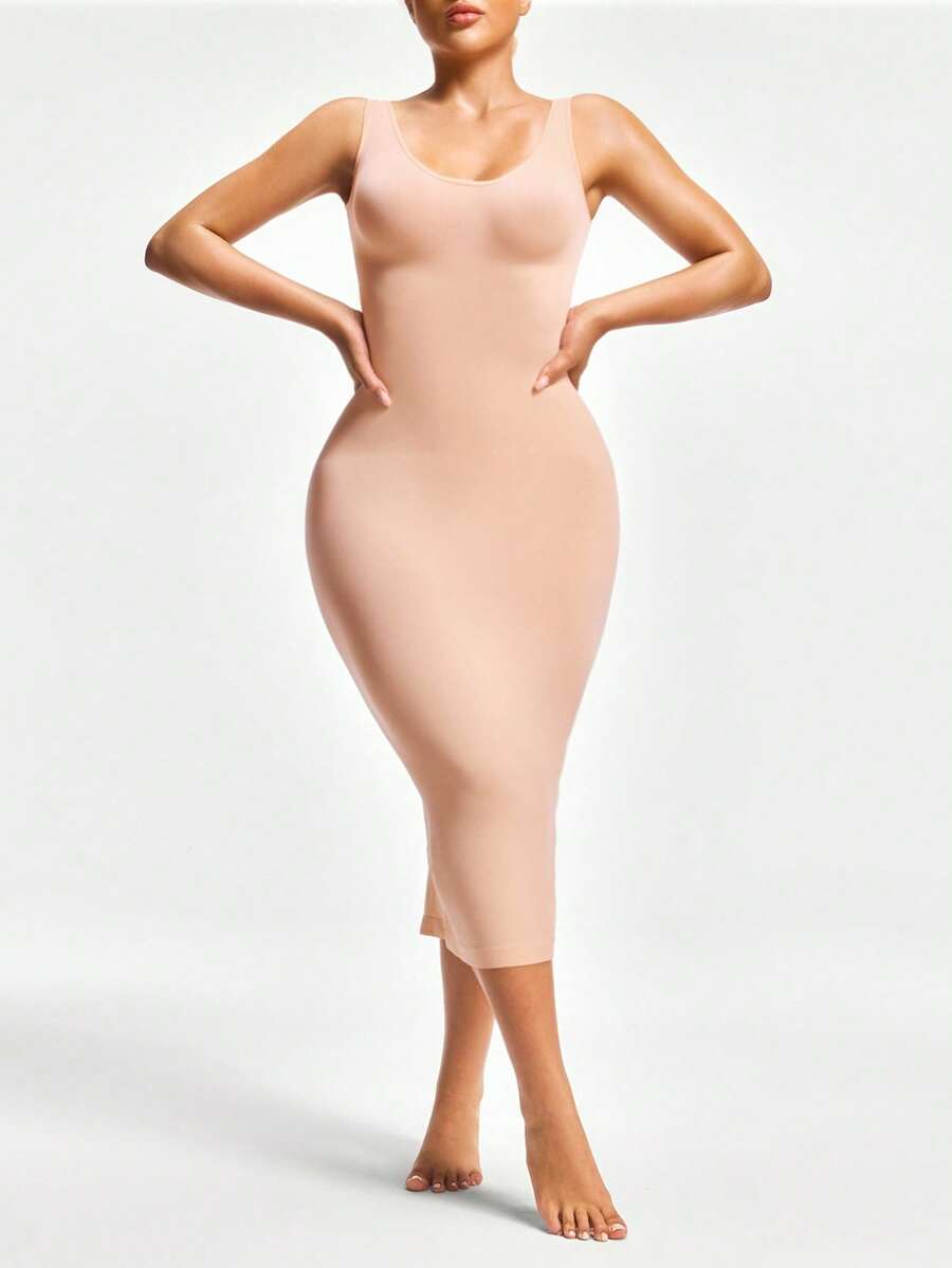 SHAPORA Damen enganliegendes langärmeliges Bodycon Kleid mit Rundhalsausschnitt in Unifarben, ärmelos - Aprikosenfarben - Übersicht 1