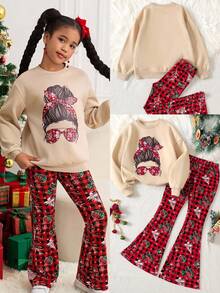 Tween-Mädchen 2-teiliges Set mit Sweatshirt und Hose mit Rundhalsausschnitt und Weihnachtsbrötchen-Muster