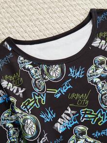 Teen Boys Glow-In-The-Dark Pajama Set,Motorcycle Pattern Snug Fit Long Sleeve Top & Pants,Black Autumn Gothic Holiday Essential Comfortable Nightwear - Black - View 6