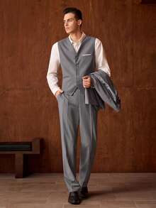 Officeau 男士修身商务休闲三件套西装，含外套、裤子和马甲，适合男士婚礼新郎穿着，高品质专业通勤套装，复古绅士风西装搭配西裤，春夏皆宜。 - 灰色 - 查看 7