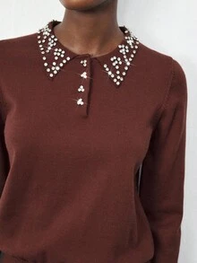 Maija Krótki sweter z okrągłym dekoltem i zdobieniem ze strasów, odpowiedni na wczesną jesień, Walentynki, jesień dla kobiet, zimowy sweter damski, Boże Narodzenie, Święto Narodowe, Nowy Rok, elegancki top na imprezę, styl Old Money