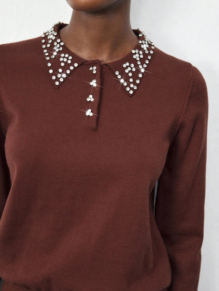 SHEIN Maija Rhinestone Embellished Cropped Crew Neck Sweater, Suitable For Early Autumn, Valentine's Day, Fall For Women , Women's Winter Sweater, Christmas ,National Day , New Year, Elegant Party Top, Old Money Style