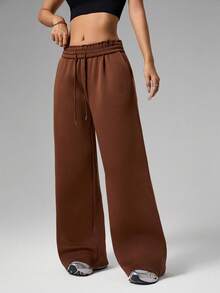 Dewbera 休闲百搭棕色阔腿宽松版型腰部抽绳设计运动裤 - 咖啡棕 - 查看 4