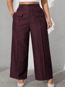 Vionelle 大码女式纯色前袋休闲西装裤高腰阔腿裤优雅女式阔腿裤红色女式阔腿裤 - 酒紅色 - 查看 6