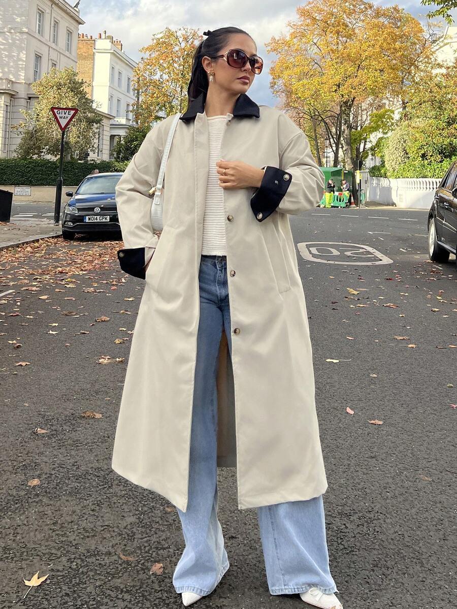 NegzBox 女式撞色长款风衣，秋季服装，返校服装女式夹克 - 米色 - 查看 1
