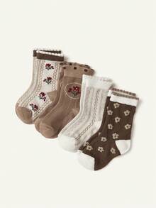 Cozy Pixies 4双装婴儿棉袜，春秋夏季宽松无束缚女童公主风，春秋小香花图案，无骨设计，中长袜