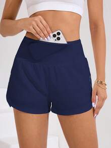 Easithlete 女士弹力腰带口袋宽松休闲双层短裤 - 藏蓝色 - 查看 6