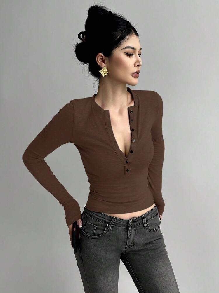 Women's Half-Zip Long Sleeve Bodycon T-Shirt