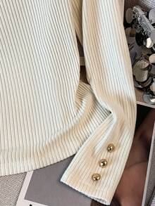 Franclia 女士纯色圆领长袖罗纹上衣和喇叭裤休闲两件套 - 杏色 - 查看 5