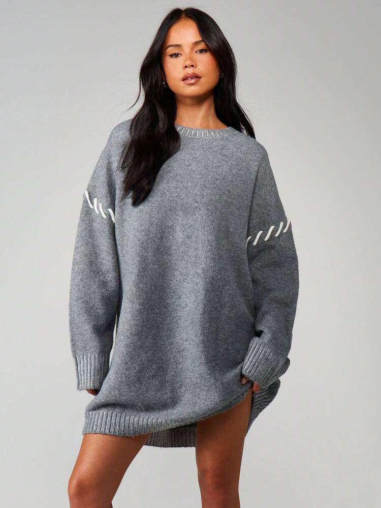 MISSGUIDED Oversized Chunky Knit Sweater Dress With Whip Stitch Detail Long Sleeve Mini Winter Comfort