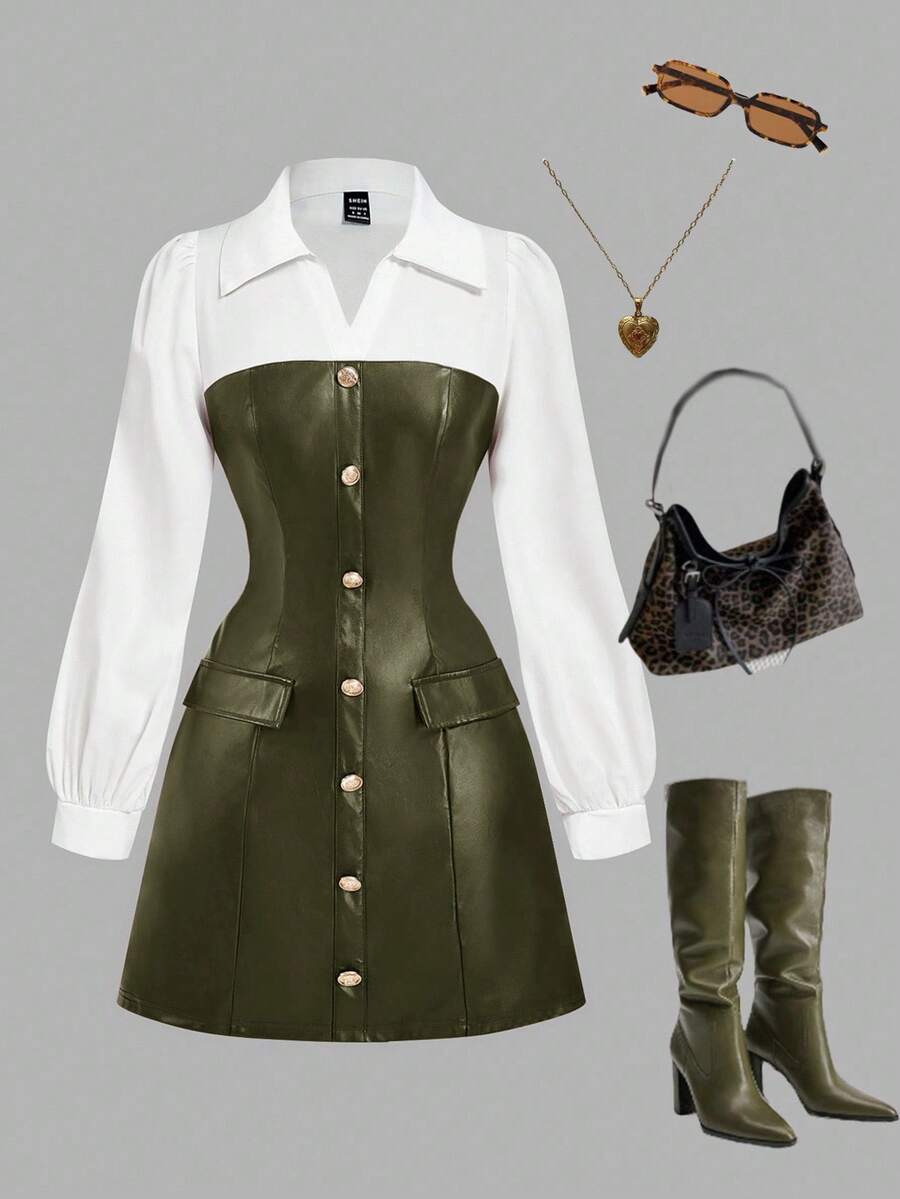 SHEIN MOD 女士军绿色拼接PU皮革休闲衬衫裙 - 軍綠色 - 查看 1