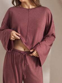 Ocili 2pcs Comfortable Soft Bamboo Knit Round Neck Long Sleeve Top And Pants Women Lounge Set, Summer Sleep Wear Women Loose Lounge Sets For Women Round Neck, Winter Clothes - Burgundy - View 6