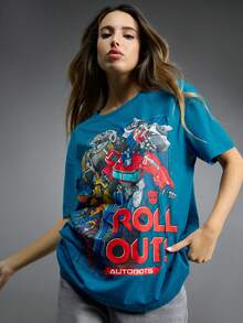 Transformers X SHEIN 1pc Men's Casual Fashion Street Daily Commute Cartoon Robot & Letter Graphic Loose Fit T-Shirt, Summer - Blue - View 7