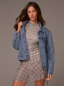 Athîral Women's Casual Blue-Brown Plaid Mini Dress,Asymmetrical Hem,Mesh Fabric,Waist Pleat Design,With Leggings,Ruched Dress,Comfortable, Soft And Skin-Friendly, New Year Outfits, Mesh Dress, See Through Dress, Transparent Dress - Multicolor - View 3