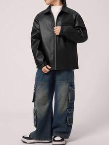 Tween Boys' Casual Everyday Versatile Comfortable Turndown Collar PU Zip-Up Loose Long Sleeve Leather Jacket Casual Jacket Black Jacket Zip Up Jacket