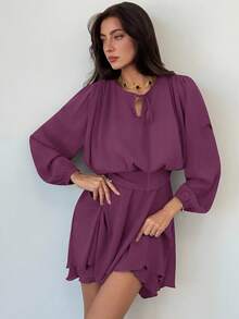 Aloruh 梅紫色浪漫约会音乐节系带长袖荷叶边下摆迷你连衣裙（女士） - 紫色 - 查看 2