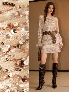 MOTF PREMIUM VESTIDO CORTO CON MANGAS ACAMPANADAS DE LENTEJUELAS Y CINTURÓN - Dorado - Ver 7