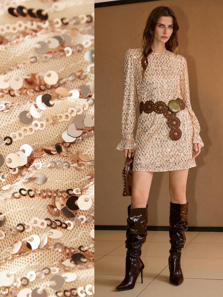 SEQUINS FLARE SLEEVE SHORT DRESS WITH BELT