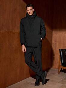 Officeau 冬季男士连帽羽绒服，拼接防风保暖休闲外套，Old Money - 黑色 - 查看 4