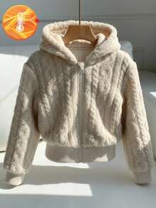 Sparklyn 1pc Girls Hooded Zip-Up Short Cardigan Jacket, Knitted Textured Fabric, Autumn