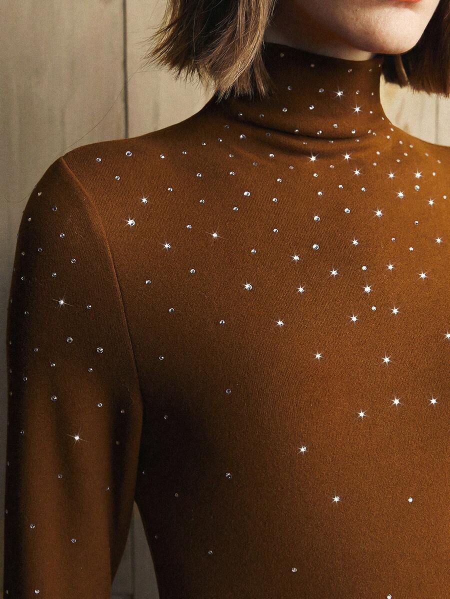 Revavyn Revavyn Women's Knitted Rhinestone Detail Slim Fit High Collar Top, Brown,Autumn,Elegant,Night Out Top - Chocolate Brown - View 1