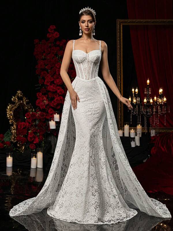 Glamrae Falda de sirena de encaje elástico elegante y lujosa con tirantes de espagueti sin espalda, adecuada para bodas, fiestas, vacaciones, bailes de graduación, luna de miel, vestidos de novia