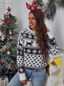 EMERY ROSE Women's Reindeer Pattern Drop Shoulder Sweater,White And Black,Autumn,Casual,Everyday Christmas Pullover Jumper,Winter Cute Tops For Woman - White - View 3