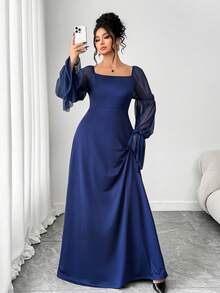 Elenzga 大码女士优雅针织网纱袖方领连衣裙，藏蓝色 - 藏蓝色 - 查看 5