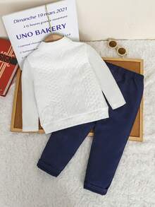 Souflis Souflis 两件套男童绅士风二合一撞色针织长袖POLO衫（带蝴蝶结）+休闲纯色弹力腰裤套装，时尚帅气，适合婚礼、演出、派对、生日、圣诞节、毕业典礼及日常穿着，春秋季款。