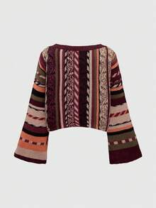 ROMWE Suéter de rayas verticales vintage de talla grande estilo hippie bohemio, suéter de mujer a rayas en tonos marrones, suéter a rayas retro de otoño/invierno - Burdeos - Ver 2