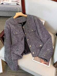 Regalyn Plus Size Women's Fashionable Commuter Daily Versatile High-End Gray Tweed Short Jacket, Elegant Style, Autumn/Winter Fall