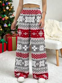 Teen GirlPrinted Fleece Pants, Comfortable Loose Straight Leg Trousers With Christmas Graphic Print, Autumn/Winter - Multicolor - View 1