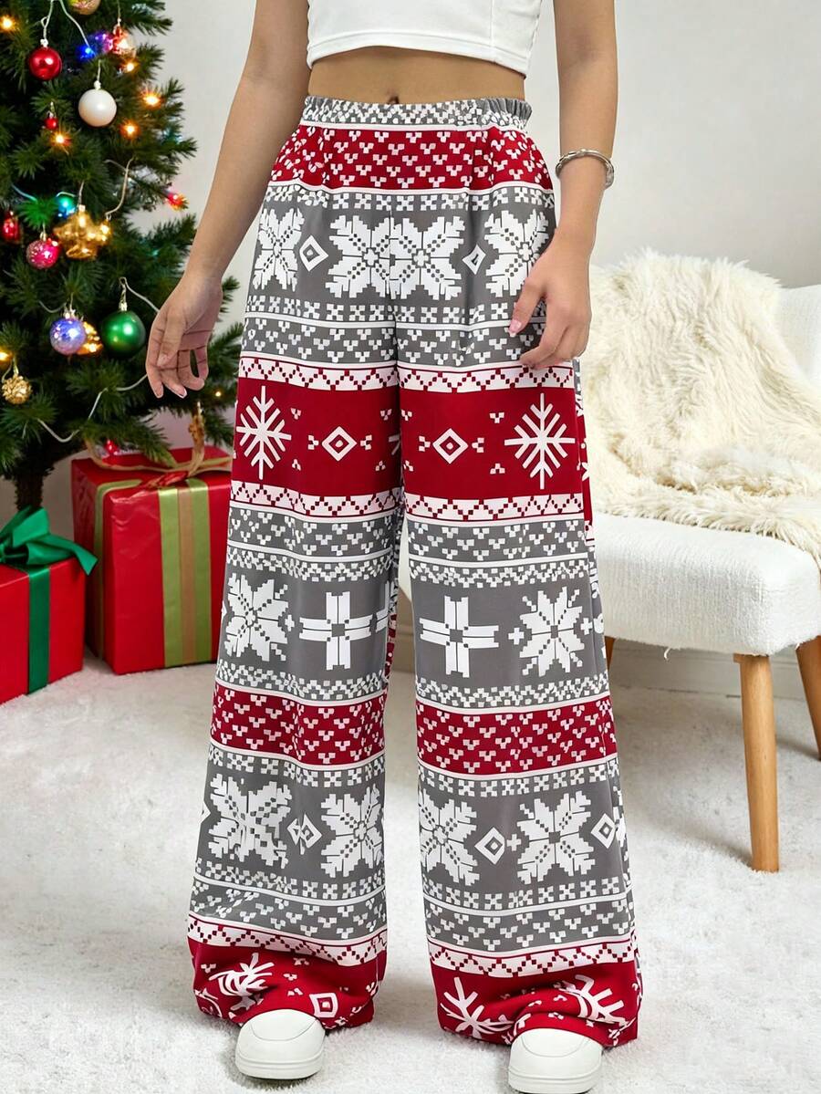 Teen GirlPrinted Fleece Pants, Comfortable Loose Straight Leg Trousers With Christmas Graphic Print, Autumn/Winter - Multicolor - View 1