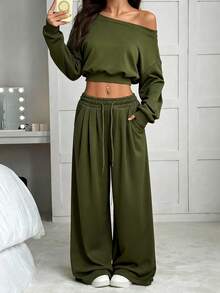 SHEIN EZwear Bộ đồ thường ngày cho nữ, áo nỉ dài tay cắt ngắn bất đối xứng màu trơn và quần ống rộng - xanh quân đội - Xem 5