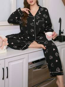 SweetSlumber Sweet Heart Print Contrast Color Lapel Long Sleeve Plus Size Pajama Set, Fall & Winter Clothes - Multicolor - View 1