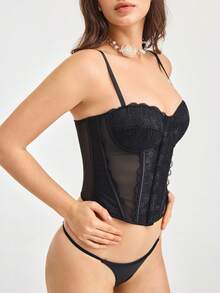 Bonmuse 网纱束身胸衣蕾丝女士塑身衣黑色外套吊带网纱胸衣，前扣细肩带 - 黑色 - 查看 7