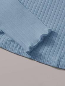 SHEIN EZwear 浅蓝色罗纹针织立领长袖休闲T恤，适合大码女性 - 霧霾藍 - 查看 5