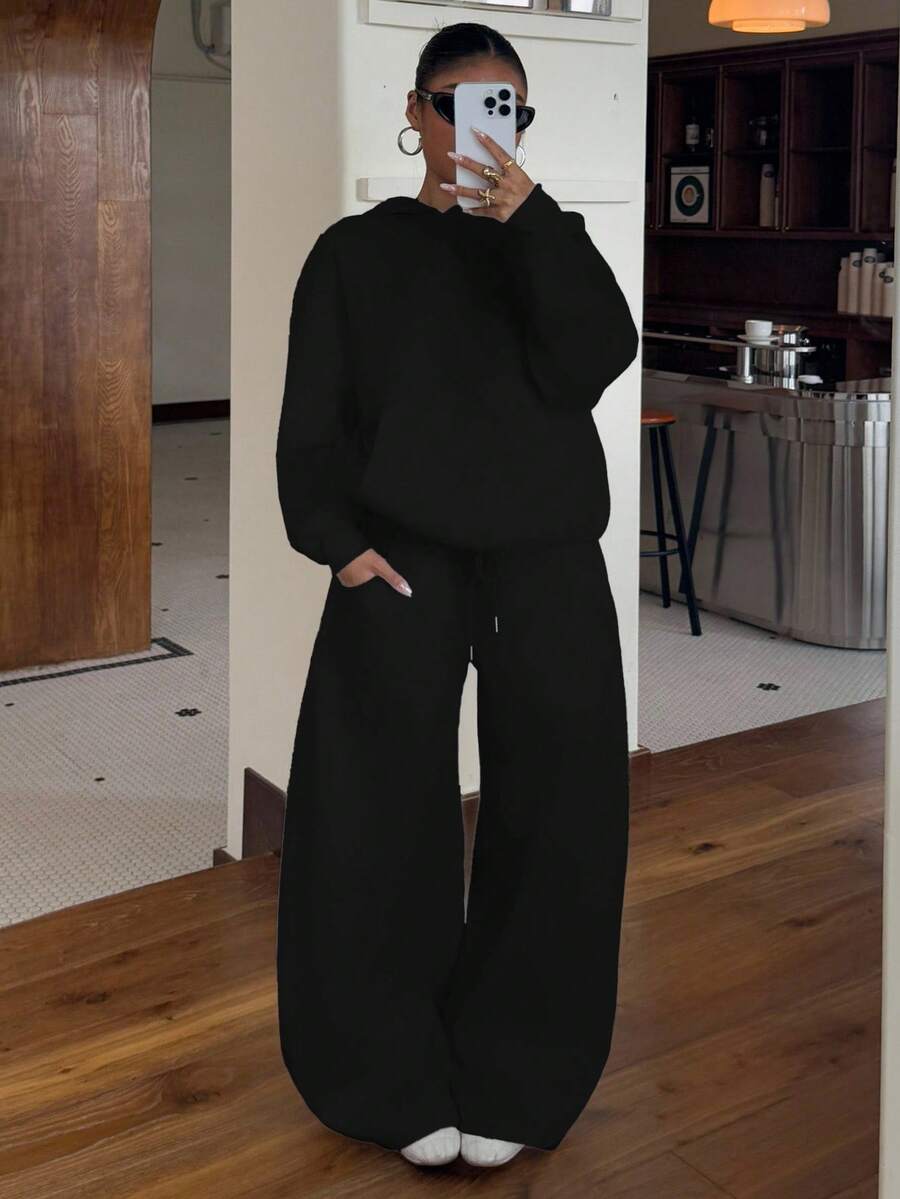 SHEIN EZwear Women's Autumn/Winter Thermal Lined Hoodie And Relaxed Fit Sweatpants Set Black Two Piece Set Women Two Piece Set Women Comfy Modest Two Piece Set - Black - View 1