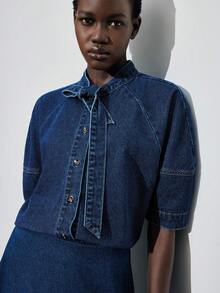 Maija 女士打结领插肩短袖单排扣休闲牛仔衬衫 - 中等水洗藍 - 查看 6