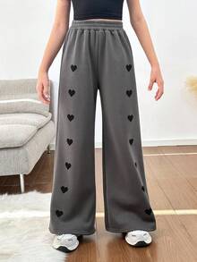 SHEIN 年轻女孩纯色宽松心形图案休闲裤 - 灰色 - 查看 2