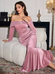 Modelyn 秋冬季丝绒拼接露肩长款鱼尾连衣裙（女款） - 粉色 - 查看 7